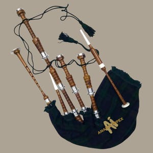 Great Highland Bagpipes Black Watch Tartan Bagpipe Natural Finish Bagpipe Silver Mounts - Free Chanter Book and Bagpipe Case