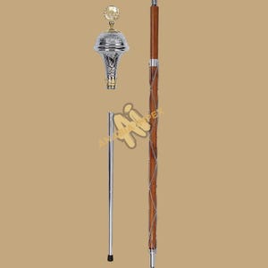 Drum Major Mace & Stick Chrome Plated Embossed Head With Golden Thistle Head Top Stick Malacca Cane Shaft Stick 3 Parts Stick With Free Case