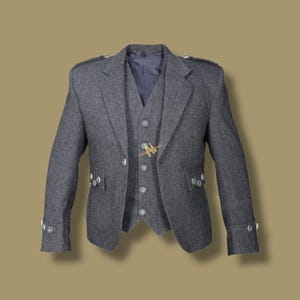 Scottish Men&#39;s Grey Tweed Wool Argyle Tweed Kilt Jacket & 5 Buttons Vest - Highland Wedding Kilt Jacket Vest - Chest Size 34&quot; to 54
