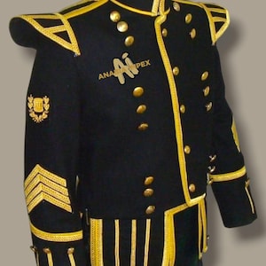 May include: A black military-style jacket with gold trim and buttons. The jacket has a high collar and a double-breasted closure. The sleeves have gold braid and the shoulders have gold epaulets. The jacket is worn over a black kilt.