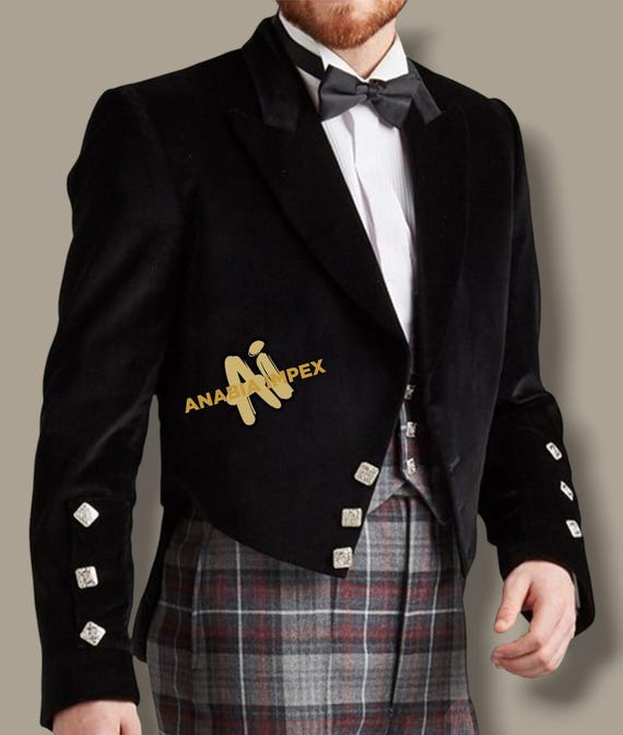 Men's Black Velvet Prince Charlie Kilt Jacket Scottish Highland