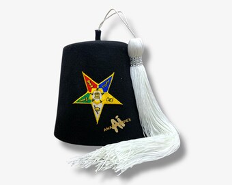 Custom Made OES Fez Hat With Rhinestones – White Wool Eastern Star Cap For Men
