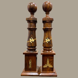 Freemason Masonic Senior Warden & Junior Warden Wooden Columns With Golden Emblems - Top Quality Wooden Columns - Sold By Pair Only