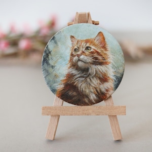 Chat roux duveteux - Miniature peinture acrylique sur toile, oeuvre d'art originale, aimant pour réfrigérateur, oeuvre d'art pour animaux de compagnie, cadeau original, oeuvre d'art faite main, art de chat