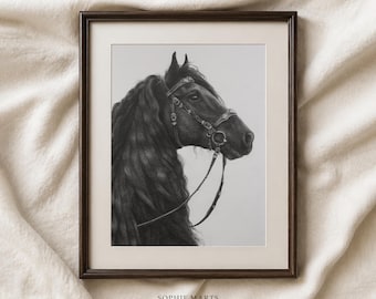 Framed Black Friesian Horse Graphite Drawing, Realistic Equine Portrait Art
