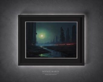 Emerald Dusk: Retrofuturistic Dystopian Landscape, Original Futuristic Cityscape Pastel Painting, Moody Sci Fi Night Artwork