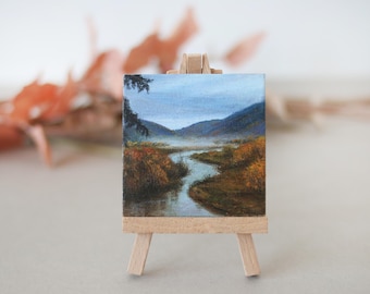 Whispering River Valley – Miniature Acrylic Painting on Canvas, Fridge Magnet, Original Art, Fine Art, Home Decor, Gift