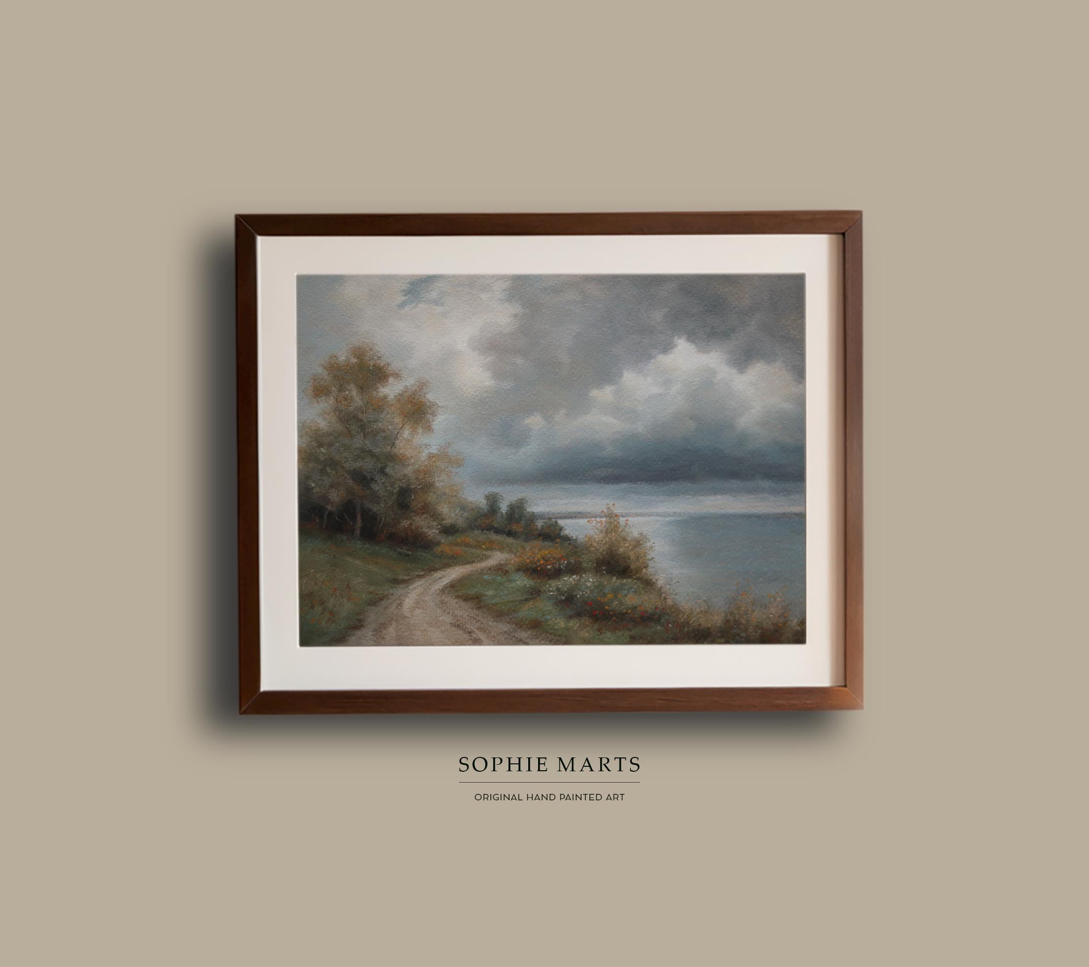 Stormy Sky Landscape – Original Pastel Painting, Framed Nature Wall Art, Dramatic Seascape Decor