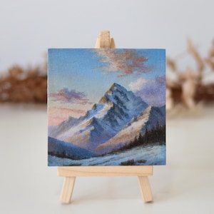 Snowy Mountain – Miniature Acrylic Painting on Canvas, Original Art, Mountain Landscape