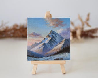 Snowy Mountain – Miniature Acrylic Painting on Canvas, Original Art, Mountain Landscape