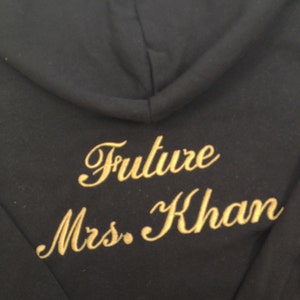 Personalized Future Mrs Embroidered Black Hoodie with Gold Thread for Wedding or Bridal Shower Gift