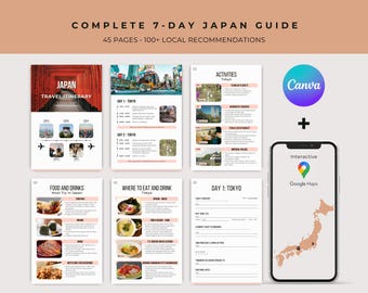 May include: A digital 45-page Japan travel guide featuring 100 plus local recommendations, including itinerary pages for Tokyo, food and drink lists, activity logs, and an interactive Google Maps integration displayed on a smartphone screen.
