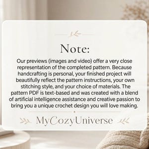 Peut inclure: Une carte cr&egrave;me avec du texte sur les patrons de crochet, avec les mots "Note" et "MyCozyUniverse". Le texte d&eacute;crit les caract&eacute;ristiques du patron et l'utilisation de l'intelligence artificielle.