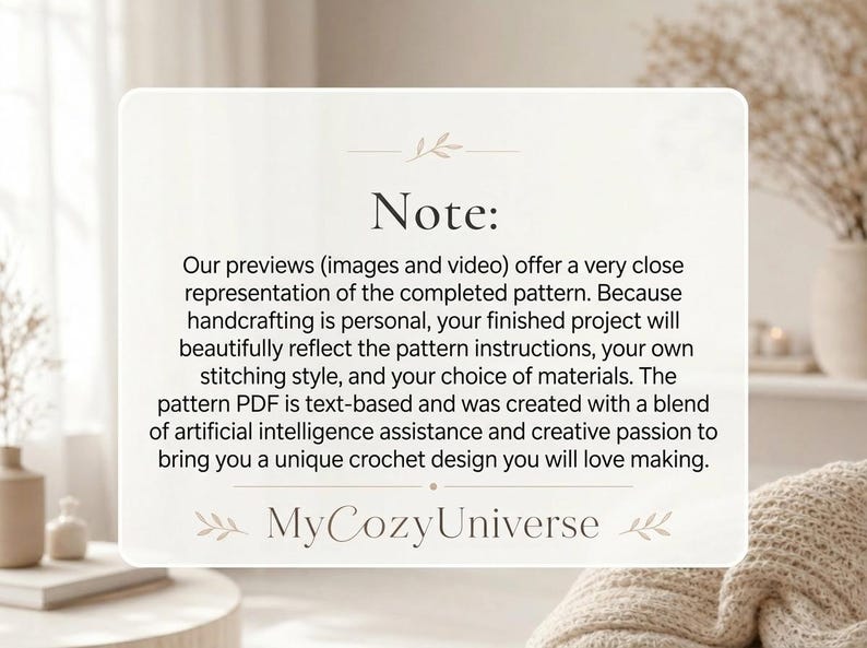 Peut inclure: Une carte cr&egrave;me avec du texte sur les patrons de crochet, avec les mots "Note" et "MyCozyUniverse". Le texte d&eacute;crit les caract&eacute;ristiques du patron et l'utilisation de l'intelligence artificielle.