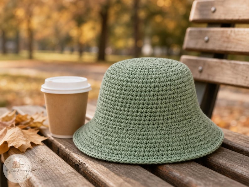 Peut inclure: Un chapeau cloche en crochet vert sauge &agrave; large bord est pos&eacute; sur un banc en bois &agrave; c&ocirc;t&eacute; d'un gobelet de caf&eacute; jetable. Le chapeau est fait d'un fil textur&eacute;. Des feuilles mortes sont &eacute;parpill&eacute;es sur le banc. L'arri&egrave;re-plan est flou.