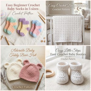 May include: A collection of crochet patterns featuring baby socks in pastel colours, a white textured baby blanket, two bear-ear hats in cream and pink, and a pair of white baby booties, each labelled with descriptive text for the patterns.