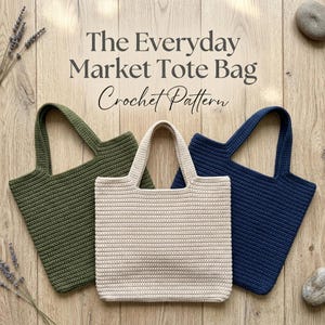 May include: Three crochet tote bags in olive green, cream, and navy blue. The text "The Everyday Market Tote Bag Crochet Pattern" is centered above the bags. Each bag features a rectangular body with two integrated handles and a textured stitch.