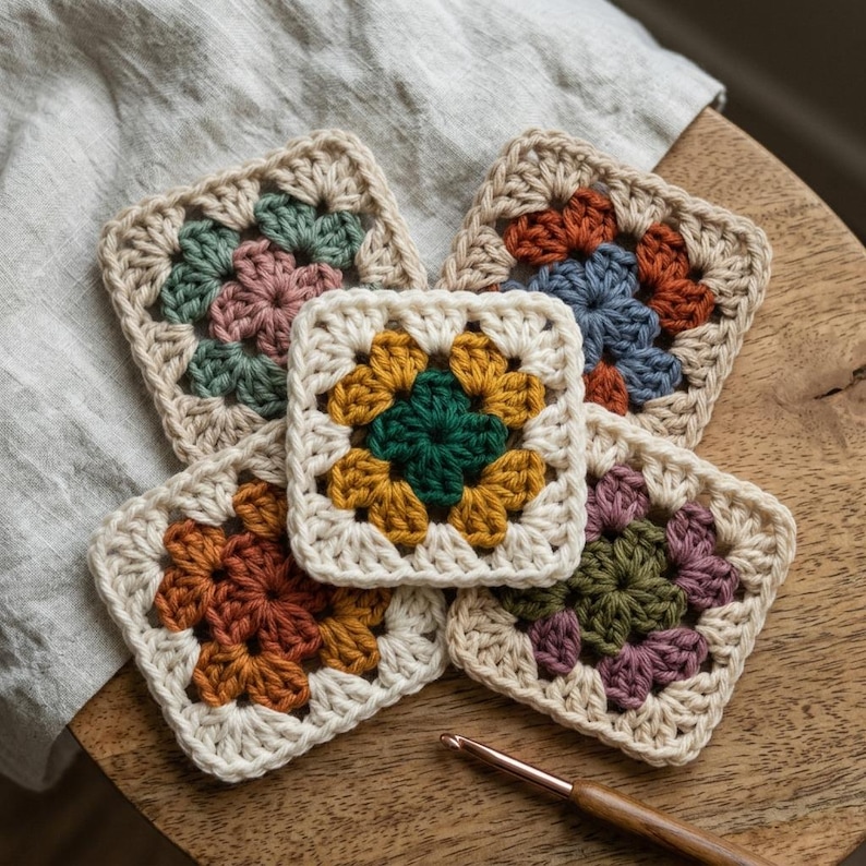 May include: Five square crochet granny squares featuring cream-coloured borders and various central floral patterns in shades of green, pink, orange, blue, and purple. A metal crochet hook is positioned near the bottom of the arrangement.