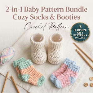 May include: A crochet pattern for baby socks and booties featuring the text 2-in-1 Baby Pattern Bundle Cozy Socks & Booties Crochet Pattern and 3 SURPRIZE GIFT PATTERNS INCLUDED. Includes cream booties, peach and mint socks, and pink and blue socks.