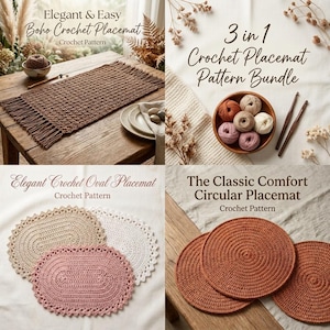 May include: A collection of crochet placemat patterns featuring a rectangular brown fringed mat, a bundle of six yarn balls with two hooks, three oval mats in beige, white, and pink, and three circular rust-colored mats on a wooden surface.