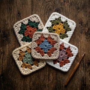 May include: Five square crochet motifs in various colours including cream, dark green, rust, mustard yellow, blue, and mauve, arranged in a cluster. A wooden crochet hook is positioned to the side of the yarn squares on a dark wood surface.