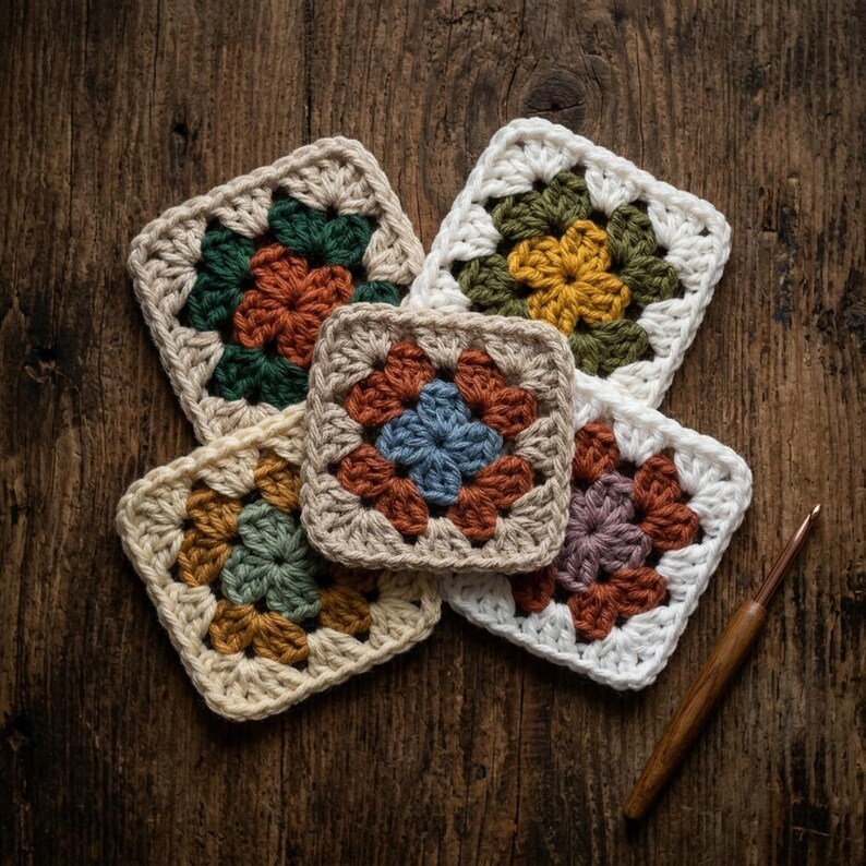 May include: Five square crochet motifs in various colours including cream, dark green, rust, mustard yellow, blue, and mauve, arranged in a cluster. A wooden crochet hook is positioned to the side of the yarn squares on a dark wood surface.