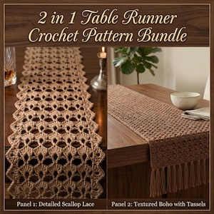 May include: A 2 in 1 Table Runner Crochet Pattern Bundle featuring two designs. Panel 1 shows a detailed tan scallop lace table runner. Panel 2 displays a textured tan table runner with fringe tassels on the end, placed on a wooden table.
