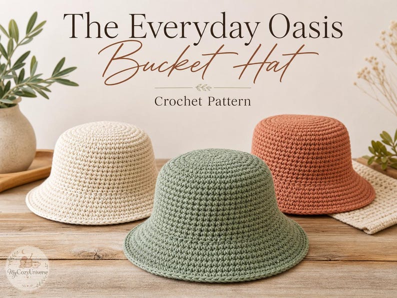 Peut inclure: Trois chapeaux seau au crochet, cr&egrave;me, vert sauge et orange terracotta, sont pos&eacute;s sur une surface en bois. Les chapeaux sont pr&eacute;sent&eacute;s dans un cadre de studio avec le texte "The Everyday Oasis Bucket Hat Crochet Pattern" en haut.