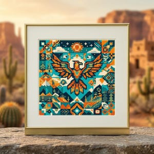 Puede incluir: Una obra de punto de cruz enmarcada de forma cuadrada que presenta un águila central con las alas extendidas en tonos naranja, azul turquesa y azul oscuro. El diseño incorpora patrones geométricos, un sol y motivos inspirados en el desierto.
