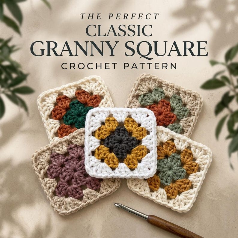 May include: Five crocheted granny squares in various colour combinations including mustard, dark green, mauve, and cream, arranged with a metal crochet hook. The text reads THE PERFECT CLASSIC GRANNY SQUARE CROCHET PATTERN.