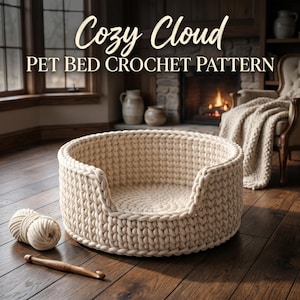 May include: A cream-colored, round pet bed with a low front, made from thick, chunky yarn. The text "Cozy Cloud PET BED CROCHET PATTERN" is displayed above the bed. A ball of yarn and a crochet hook are next to the bed on a wooden floor.