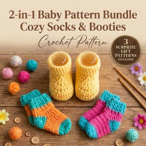 Könnte beinhalten: Ein 2-in-1 Baby-Musterpaket für gehäkelte Socken und Booties. Das Bild zeigt gelbe gehäkelte Booties, orange-türkise Socken sowie pink-türkise Socken. Kleine Garnknäuel, Holzknöpfe und zwei Häkelnadeln sind um die Strickwaren herum verteilt.