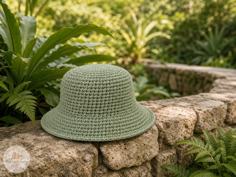 Peut inclure: Un chapeau en crochet vert sauge avec une couronne arrondie et un bord l&eacute;g&egrave;rement &eacute;vas&eacute;. Le chapeau repose sur un mur de pierre, entour&eacute; d'un feuillage vert luxuriant. La texture du chapeau est visible.