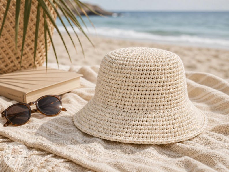 Peut inclure: Un chapeau de seau en crochet cr&egrave;me avec un large bord est pos&eacute; sur une serviette de plage. Des lunettes de soleil &eacute;cailles de tortue et un livre ferm&eacute; sont &agrave; c&ocirc;t&eacute; du chapeau. Un panier tress&eacute; et la mer sont en arri&egrave;re-plan. Le chapeau est un accessoire d'&eacute;t&eacute;.