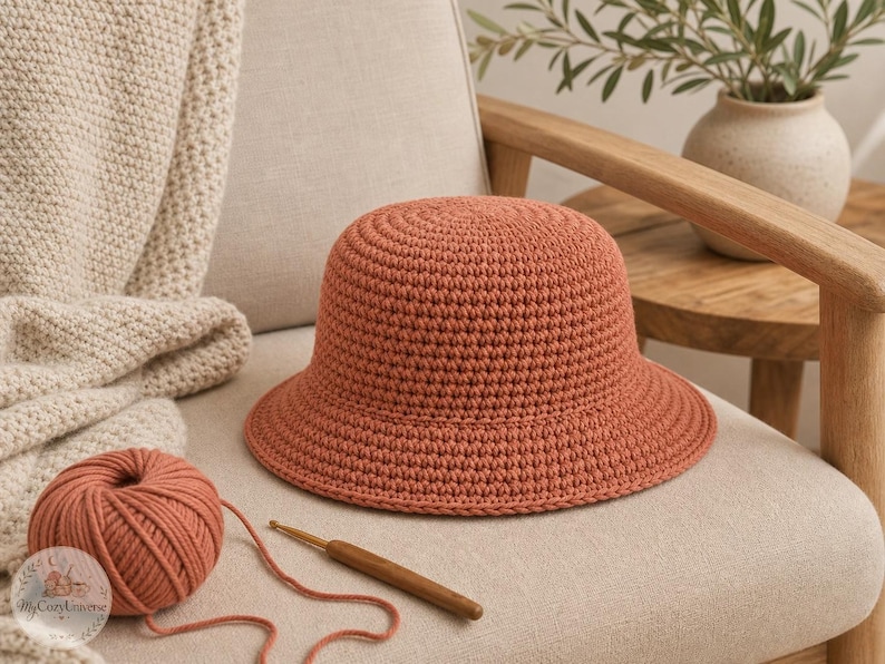 Peut inclure: Un chapeau seau en crochet couleur terre cuite est pos&eacute; sur une chaise, &agrave; c&ocirc;t&eacute; d'une pelote de laine et d'un crochet. Le chapeau a une couronne arrondie et un bord l&eacute;g&egrave;rement &eacute;vas&eacute;. Une couverture en tricot beige est drap&eacute;e sur la chaise.