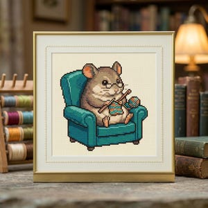May include: A framed cross-stitch artwork featuring a brown hamster wearing small round glasses, sitting in a teal armchair while knitting a colorful patterned piece with wooden needles. The piece is encased in a gold-colored frame.