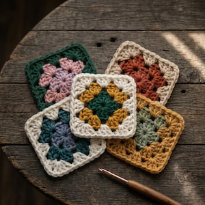 May include: Five square crochet motifs in various colour combinations including dark green, pink, cream, rust, mustard yellow, and blue, arranged in a cluster with a wooden crochet hook placed near the bottom right corner of the arrangement.