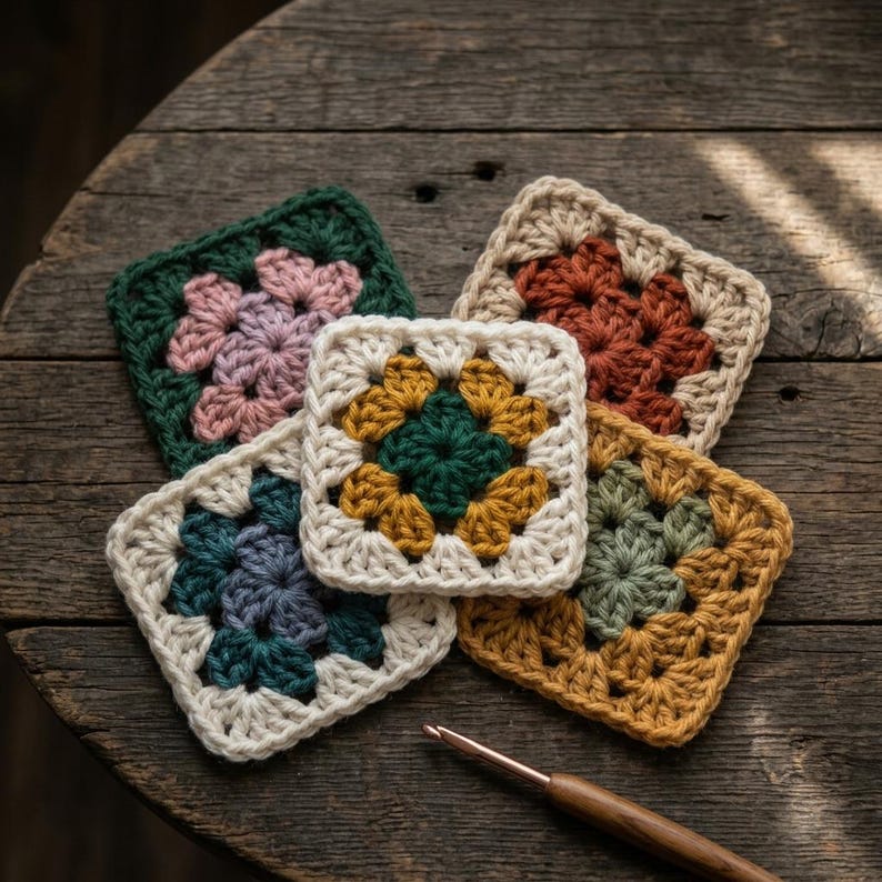 May include: Five square crochet motifs in various colour combinations including dark green, pink, cream, rust, mustard yellow, and blue, arranged in a cluster with a wooden crochet hook placed near the bottom right corner of the arrangement.