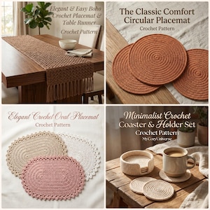 Puede incluir: Una colección de patrones de ganchillo que incluye un camino de mesa marrón con flecos, manteles individuales circulares color óxido, manteles ovalados en beige, blanco y rosa, y un juego de posavasos crema con soporte.