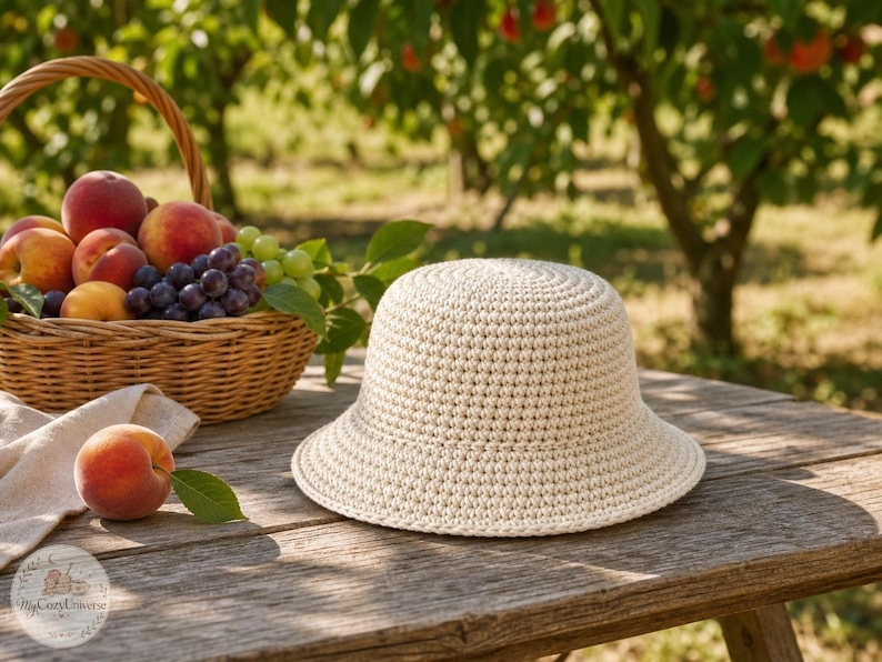 Peut inclure: Un chapeau de soleil en crochet cr&egrave;me avec un bord l&eacute;g&egrave;rement &eacute;vas&eacute; est pos&eacute; sur une table en bois rustique. Un panier en osier rempli de p&ecirc;ches et de raisins est &agrave; proximit&eacute;. Une p&ecirc;che et une feuille sont &eacute;galement sur la table.