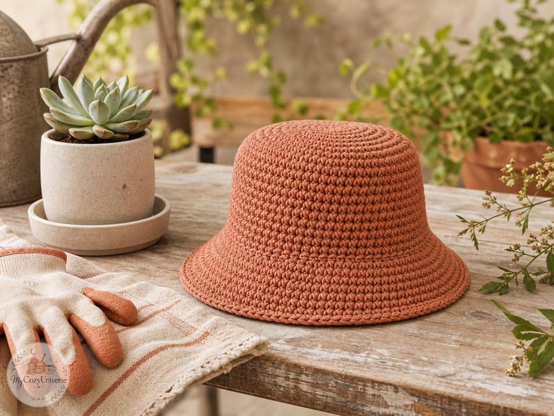 Peut inclure: Un chapeau cloche en crochet couleur terre cuite avec un large bord est pos&eacute; sur une surface en bois. Le chapeau est &agrave; c&ocirc;t&eacute; de gants de jardinage et d'une petite plante succulente dans un pot en c&eacute;ramique. La sc&egrave;ne se d&eacute;roule &agrave; l'ext&eacute;rieur avec de la verdure en arri&egrave;re-plan.