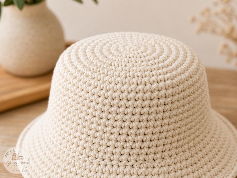 Peut inclure: Gros plan sur un chapeau de p&ecirc;cheur en crochet de couleur cr&egrave;me. Le chapeau pr&eacute;sente une couronne arrondie avec des cercles concentriques et un large bord. La texture des points de crochet est clairement visible, cr&eacute;ant un aspect doux et textur&eacute;. Le chapeau est de couleur neutre.