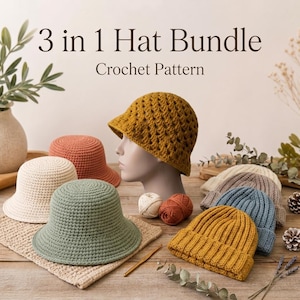 Schema per cappello all'uncinetto - Pacchetto 3 in 1 di schemi per cappelli all'uncinetto - Cappello a secchiello all'uncinetto - Berretto a coste all'uncinetto - Cappello a secchiello all'uncinetto con punto nonna