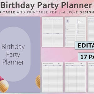 Bearbeitbarer Geburtstagsfeierplaner, Ereignisplaner, Geburtstagsplaner, Party-Checkliste, Geburtstagsfeierveranstalter, Partybudgetplaner, Menü