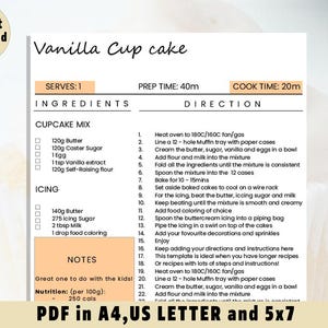 Plantilla de tarjeta de receta de pastel de vainilla, plantilla de tarjeta de receta, tarjeta de receta imprimible, tarjeta de receta minimalista