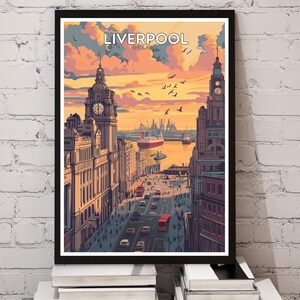 Póster de viaje de Liverpool - Impresión de la ciudad de Liverpool - Arte mural del Reino Unido - Decoración de viaje a Inglaterra - Ilustración minimalista de Liverpool - Arte mural de Europa