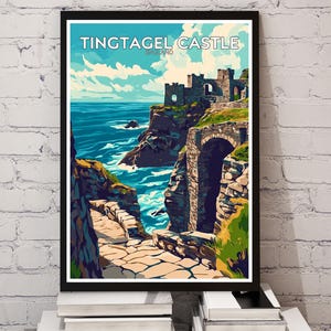 Póster de viaje del Castillo de Tintagel – Arte mural de Inglaterra – Impresión histórica del Reino Unido – Regalo de decoración para el hogar – Arte de viaje para amantes de los castillos – Ilustración de Cornualles