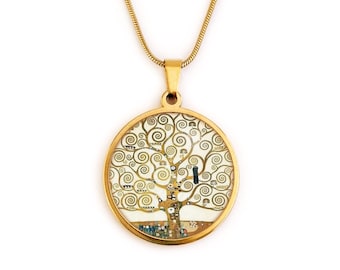 Necklace tree of life, Klimt, woman, yellow, art nouveau, gold, silver, stainless steel, glass, jewelry woman, jewelry tree of life