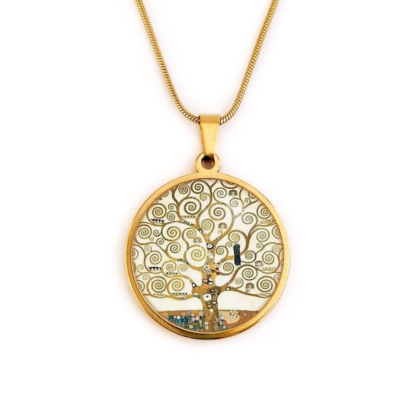 Collier arbre de vie, Klimt, femme, jaune, art nouveau, or, argent, acier inoxydable, verre, bijoux femme, bijoux arbre de vie