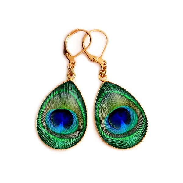 Pendant earrings, feather, peacock, green, woman, gold, silver, stainless steel, glass